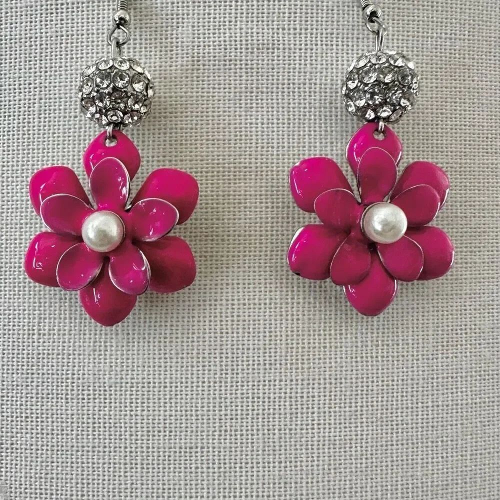 Fuchsia Enamel Flower Dangle Earrings